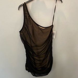 Black sheer one shoulder tank with nude underlay